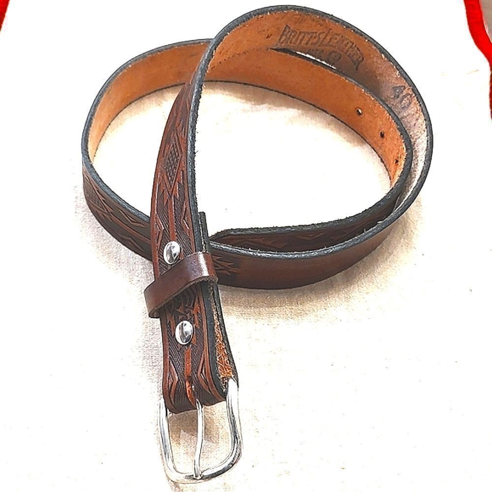 Brown Leather Tooled Men's Belt with Silver Buckle Size 40